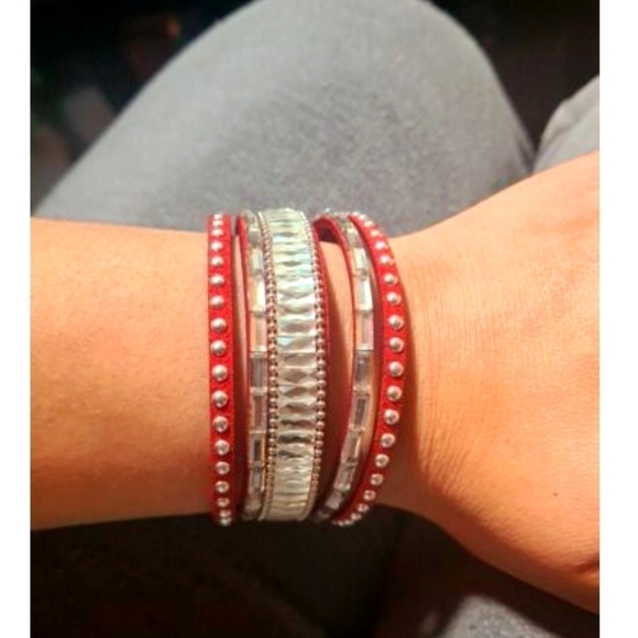 💃Red Leather Bracelet With Crystal Blinks 🌴 - Picture 1 of 6